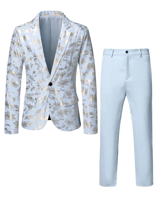 Men Floral Jacquard Single Button Blazer & Suit Pants