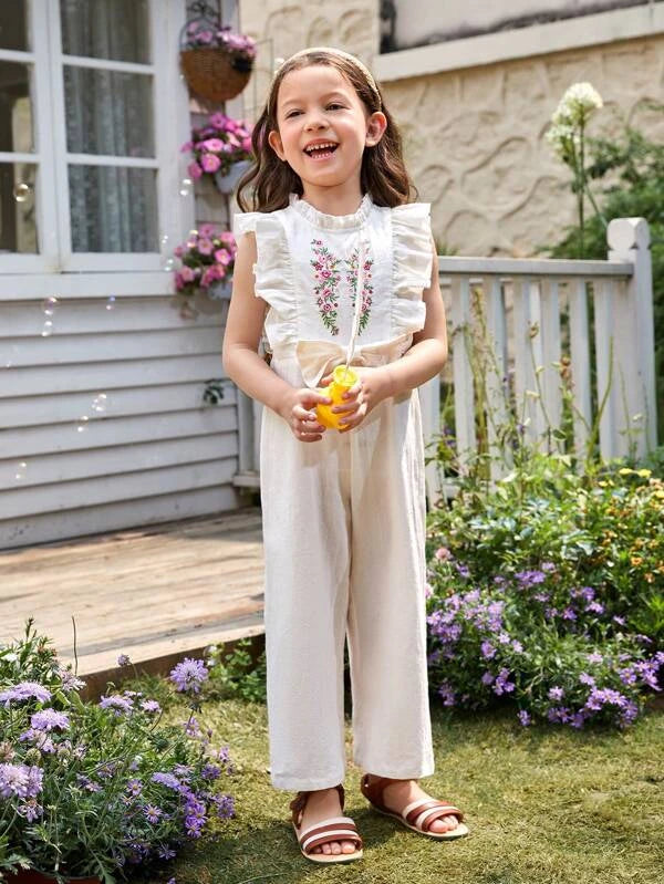 SHEIN Kids SUNSHNE Toddler Girls Floral Embroidery Ruffle Trim Bow Detail Jumpsuit