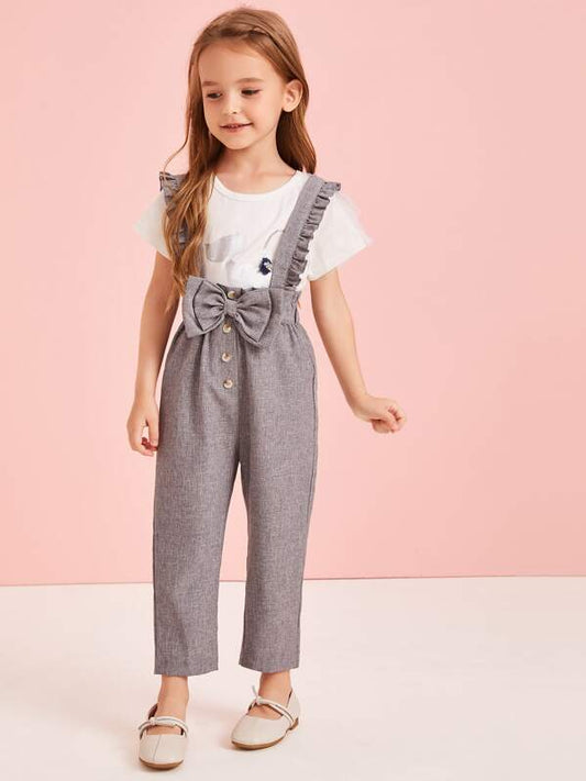 SHEIN Kids EVRYDAY Toddler Girls Bow Front Frill Trim Suspender Jumpsuit