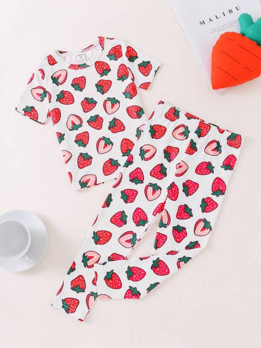 SHEIN Kids CHARMNG Toddler Girls Strawberry Print Tee & Flare Leg Pants PJ Set