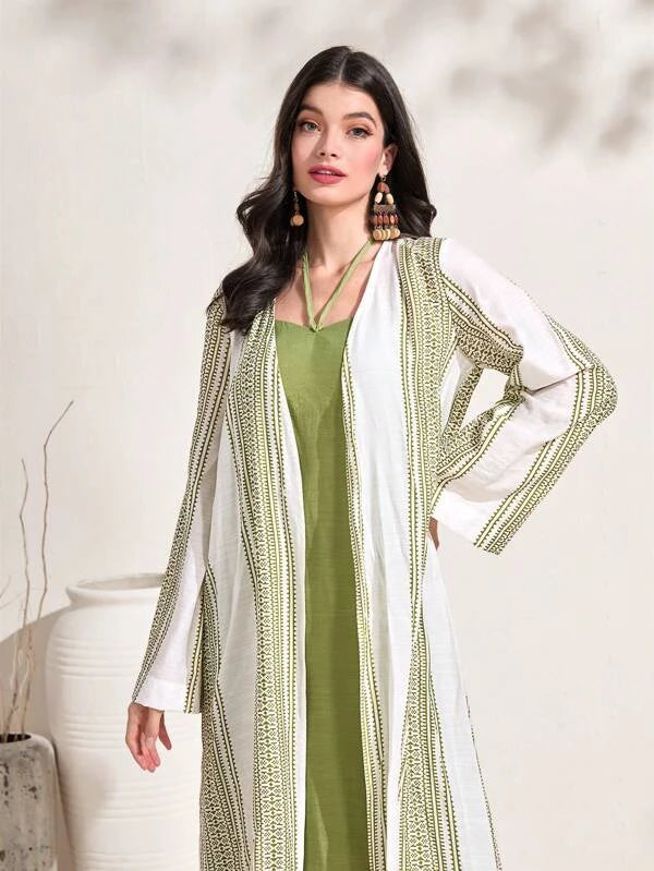 SHEIN Najma Striped Print Open Front Abaya & Cami Dress