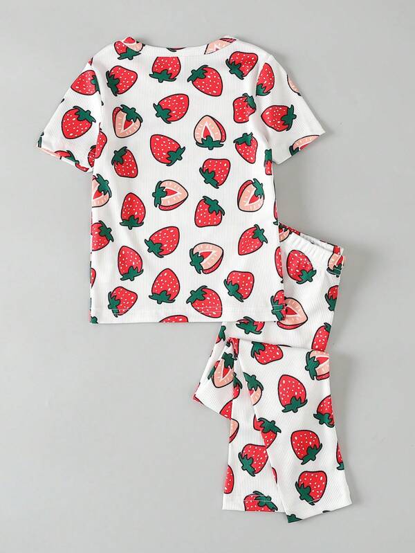 SHEIN Kids CHARMNG Toddler Girls Strawberry Print Tee & Flare Leg Pants PJ Set