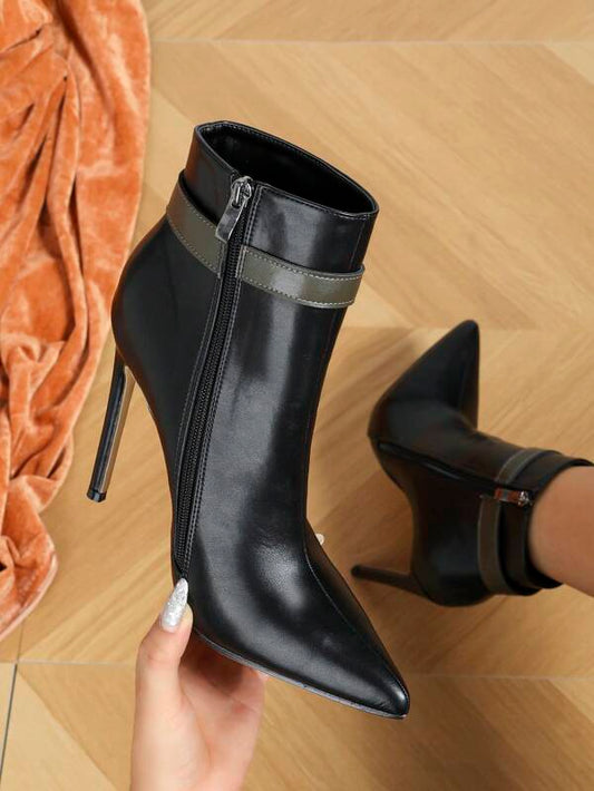 Fashionable Women's High Heel Pointed Toe Short Boots With Side Zipper