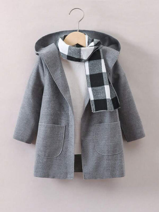 Young Boy Dual Pocket Hooded Overcoat & Scarf Without Sweater