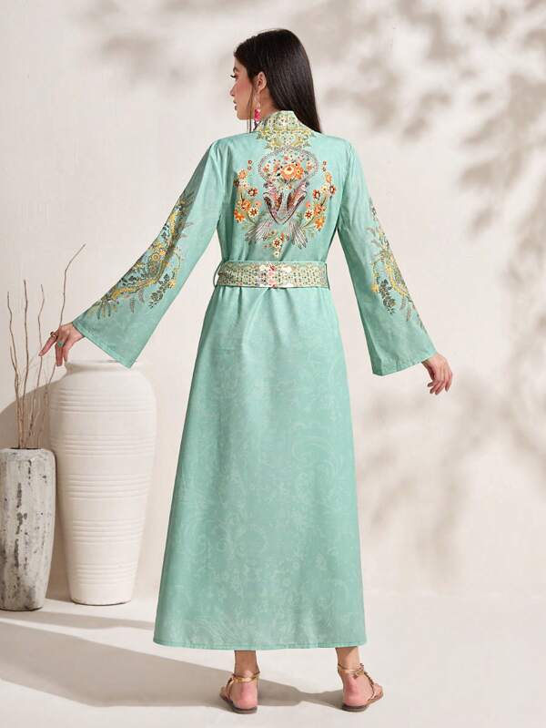 SHEIN Najma Floral Print Open Front Abaya & Dress Set