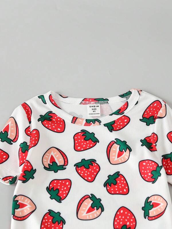 SHEIN Kids CHARMNG Toddler Girls Strawberry Print Tee & Flare Leg Pants PJ Set