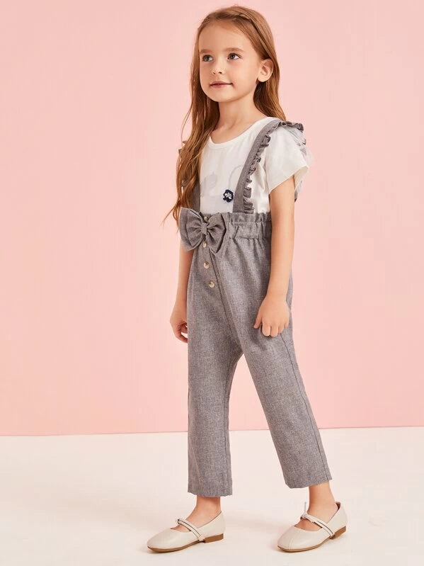 SHEIN Kids EVRYDAY Toddler Girls Bow Front Frill Trim Suspender Jumpsuit