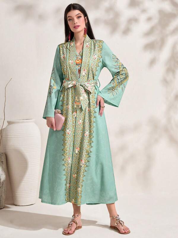 SHEIN Najma Floral Print Open Front Abaya & Dress Set