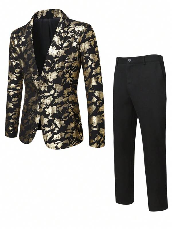 Men Floral Jacquard Single Button Blazer & Suit Pants