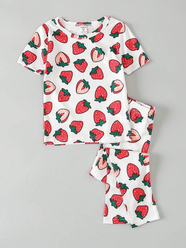 SHEIN Kids CHARMNG Toddler Girls Strawberry Print Tee & Flare Leg Pants PJ Set