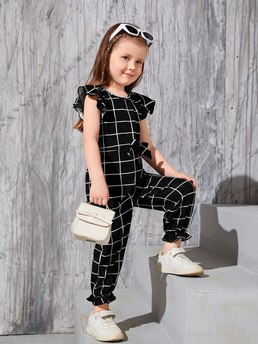 SHEIN Kids EVRYDAY Toddler Girls Windowpane Print Butterfly Sleeve Flounce Hem Bow Front Jumpsuit