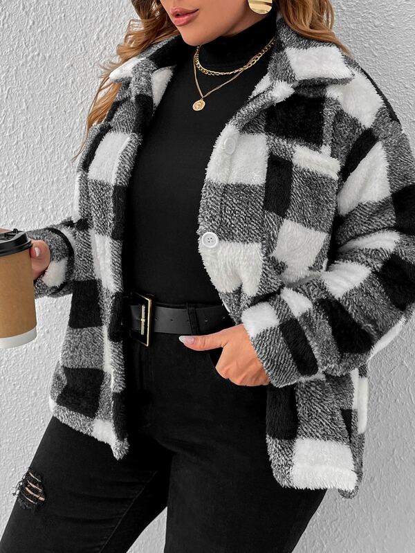 SHEIN LUNE Plus Buffalo Plaid Print Drop Shoulder Fleece Coat