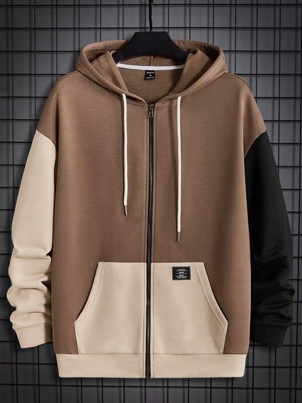 Manfinity Homme Men Colorblock Letter Patched Detail Kangaroo Pocket Drawstring Hoodie