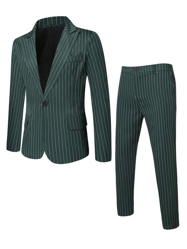 Extended Sizes Men Striped Print Single Button Blazer & Suit Pants Set