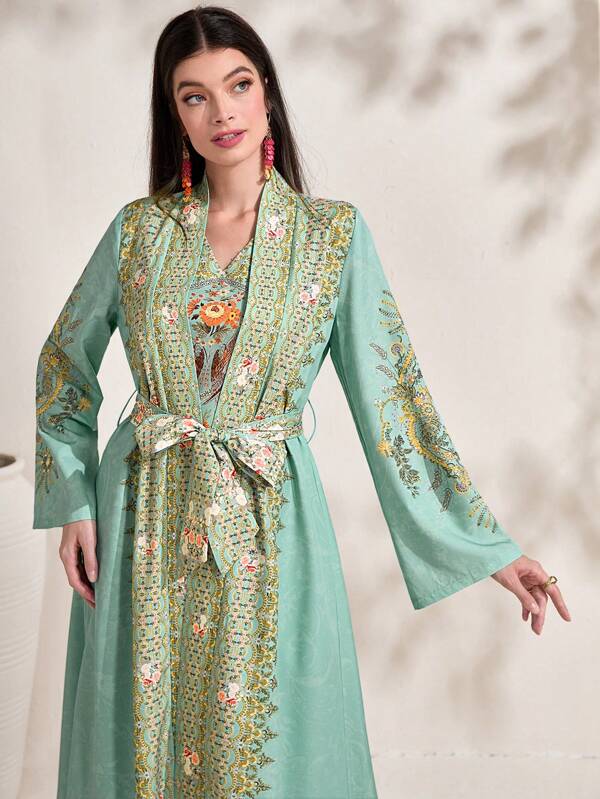 SHEIN Najma Floral Print Open Front Abaya & Dress Set