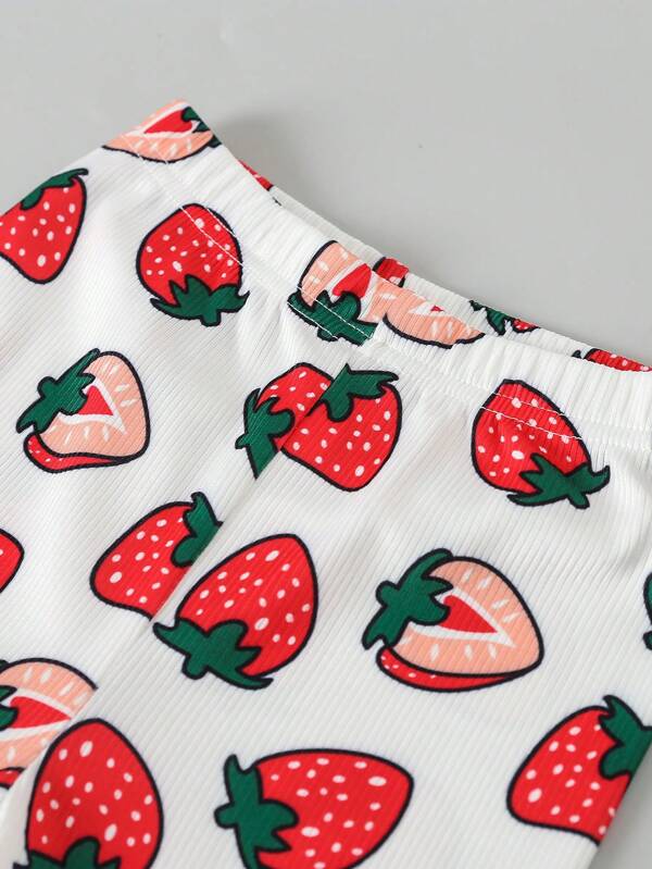 SHEIN Kids CHARMNG Toddler Girls Strawberry Print Tee & Flare Leg Pants PJ Set