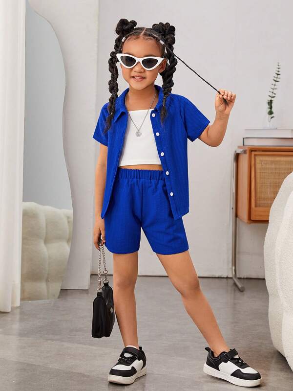 SHEIN Kids Cooltwn Toddler Girls Button Front Shirt & Cami Top & Shorts Set