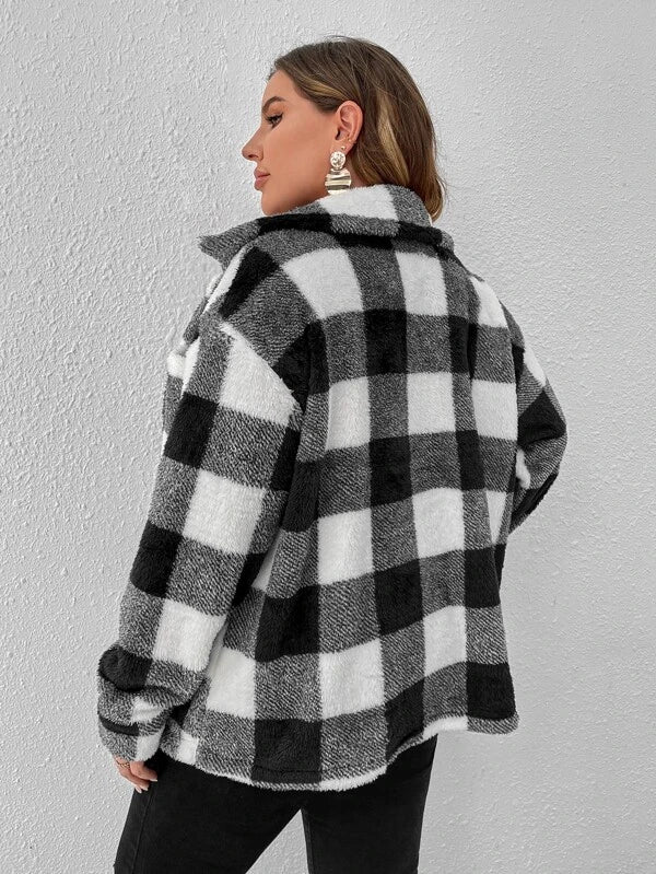 SHEIN LUNE Plus Buffalo Plaid Print Drop Shoulder Fleece Coat