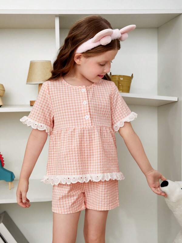 Toddler Girls Gingham Print Eyelet Embroidery Trim PJ Set