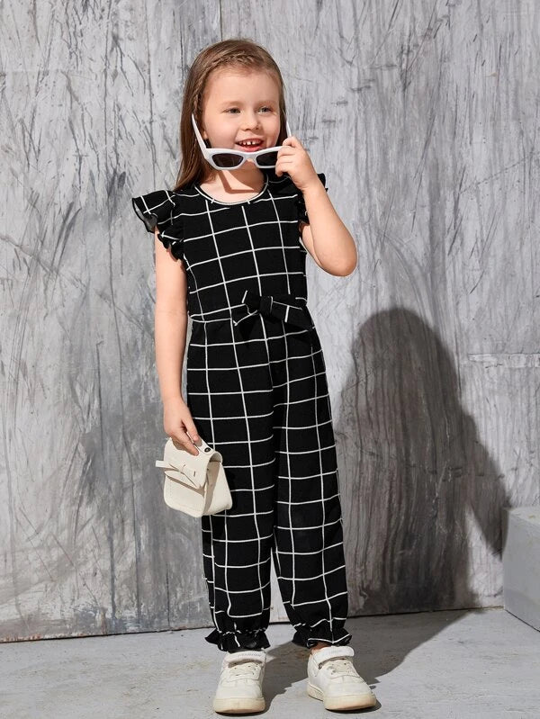 SHEIN Kids EVRYDAY Toddler Girls Windowpane Print Butterfly Sleeve Flounce Hem Bow Front Jumpsuit