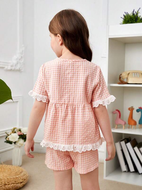 Toddler Girls Gingham Print Eyelet Embroidery Trim PJ Set