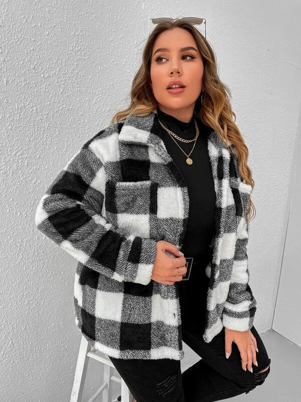 SHEIN LUNE Plus Buffalo Plaid Print Drop Shoulder Fleece Coat