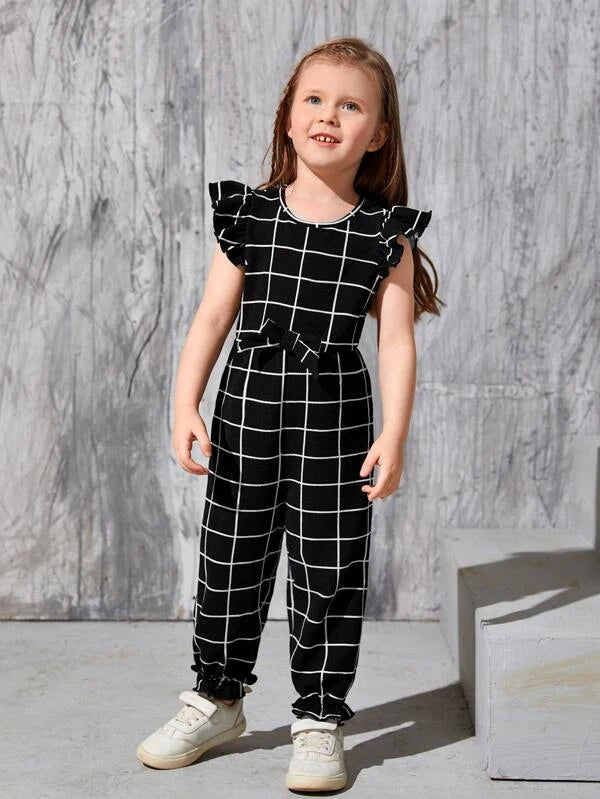 SHEIN Kids EVRYDAY Toddler Girls Windowpane Print Butterfly Sleeve Flounce Hem Bow Front Jumpsuit