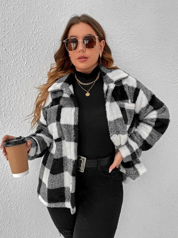 SHEIN LUNE Plus Buffalo Plaid Print Drop Shoulder Fleece Coat