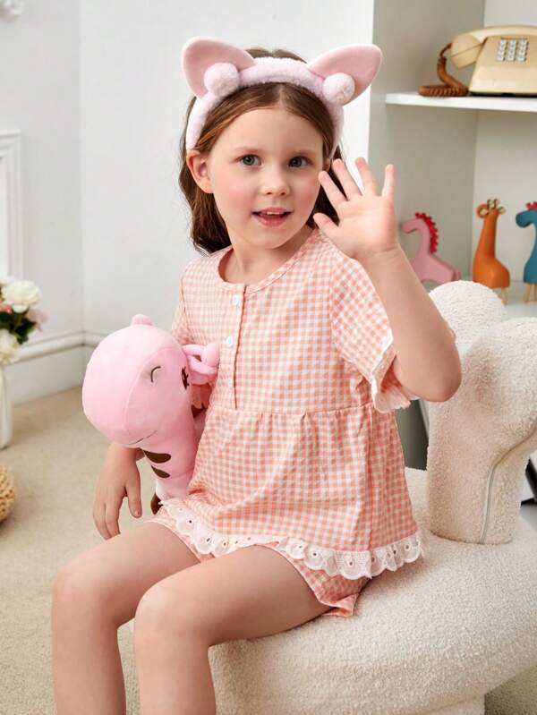 Toddler Girls Gingham Print Eyelet Embroidery Trim PJ Set