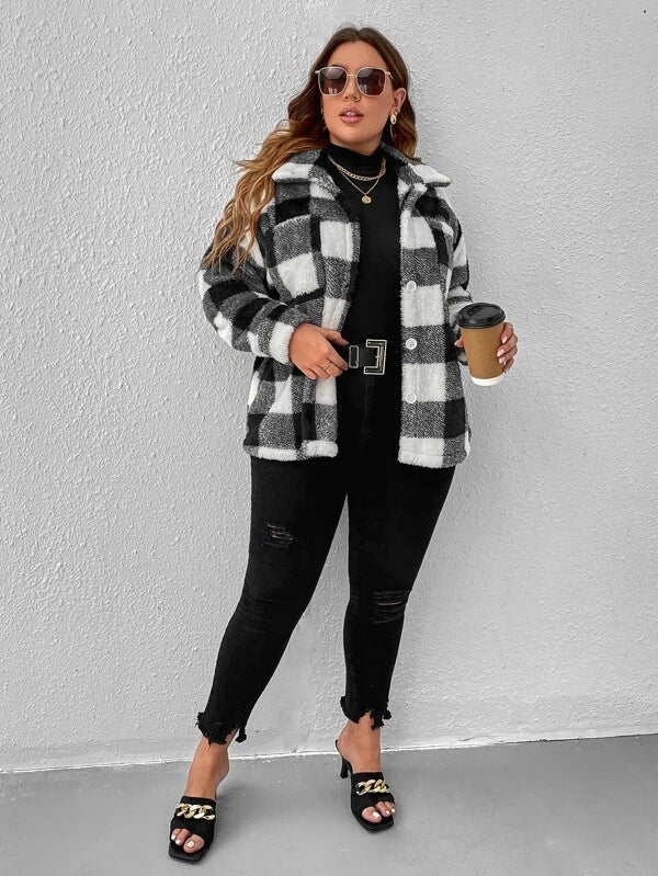 SHEIN LUNE Plus Buffalo Plaid Print Drop Shoulder Fleece Coat