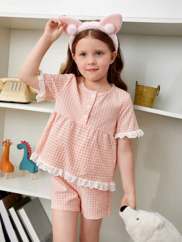 Toddler Girls Gingham Print Eyelet Embroidery Trim PJ Set