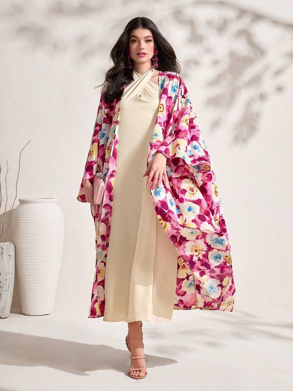 SHEIN Najma Floral Print Batwing Sleeve Abaya & Dress Set