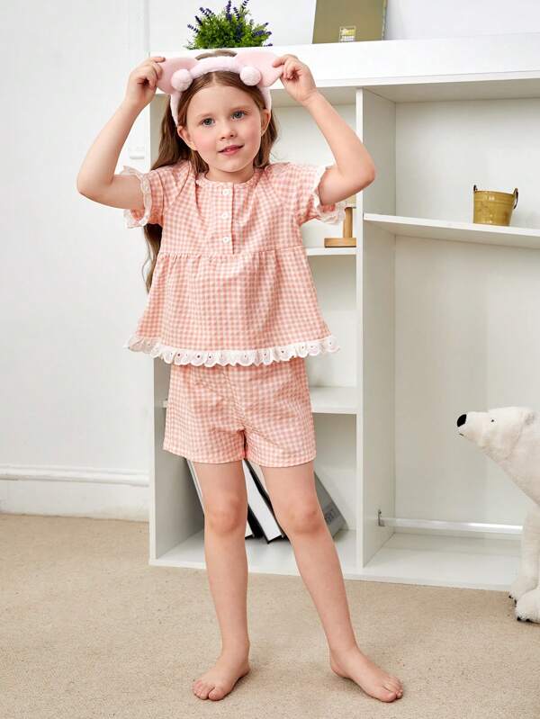 Toddler Girls Gingham Print Eyelet Embroidery Trim PJ Set