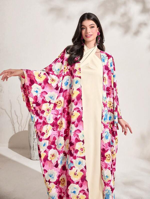 SHEIN Najma Floral Print Batwing Sleeve Abaya & Dress Set