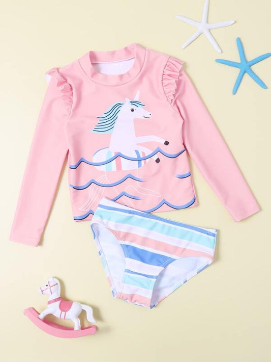 SHEIN Kids QTFun Toddler Girls Unicorn Print Ruffle Bikini Swimsuit