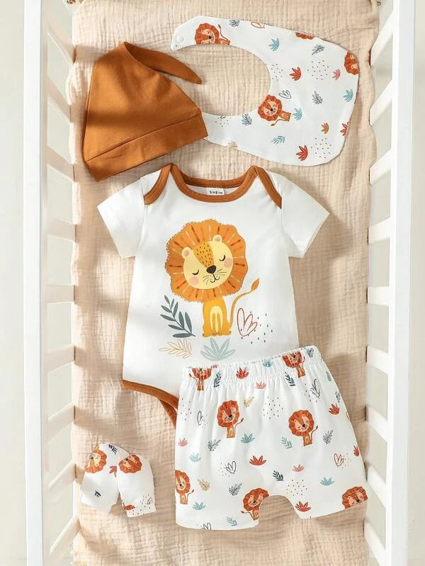 Baby Lion Print Contrast Binding Bodysuit & Shorts & Accessory Hat & Bib & Gloves