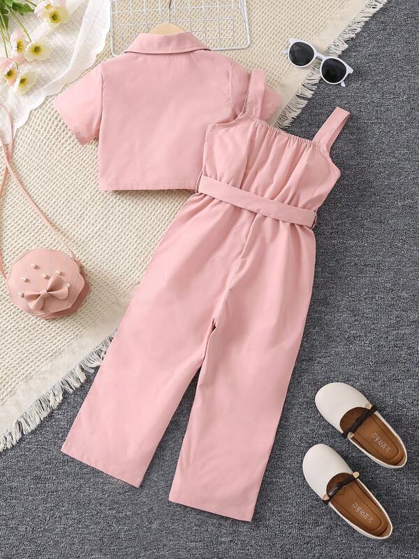 SHEIN Toddler Girls Button Front Shirt & Belted Cami Jumpsuit