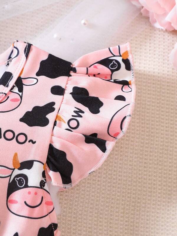 Baby Cow Print Ruffle Trim Bow Front Bodysuit