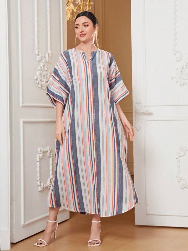 SHEIN Mulvari Striped Print Notched Neckline Batwing Sleeve Kaftan