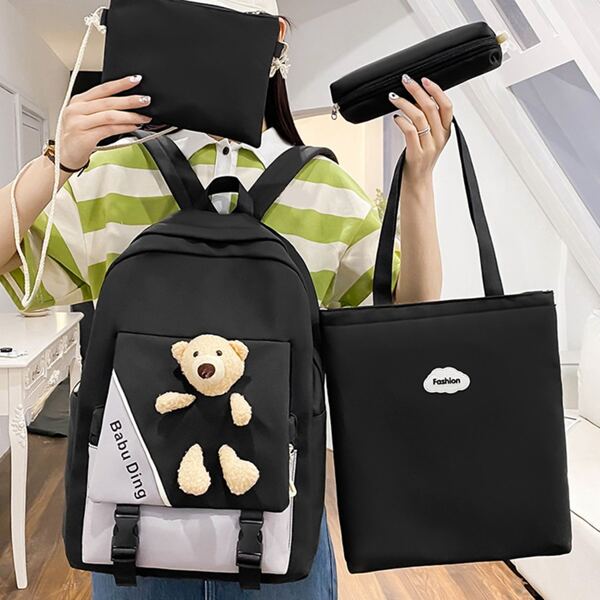 4Pcs College Style Cartoon Bear Decorated Backpack Set For Men, Suitable For Students To Go To School School Backpack Set Back To School With Lunch Bag With Pencil Bag