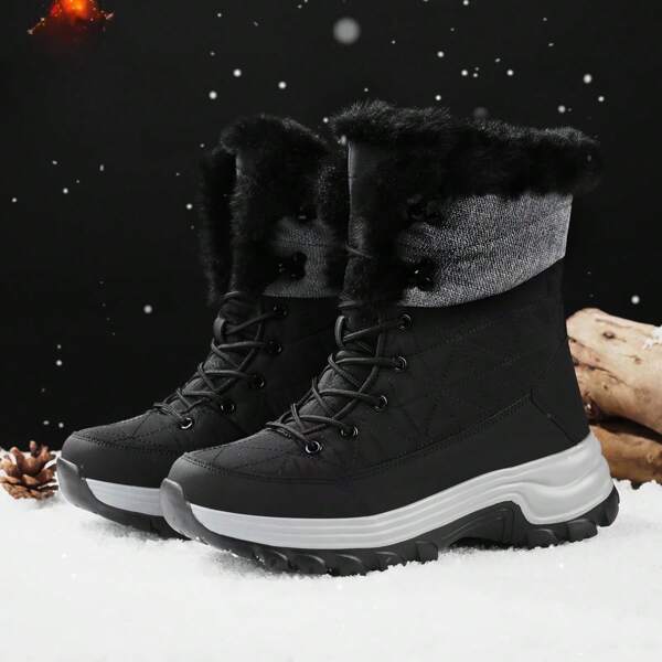 Men's Slip-resistant Fleece Lined And Thickened Rolled Up Cuff Flat Warm Boots For Fashionable Casual Outdoor Winter, Patchwork Waterproof Snow Boots