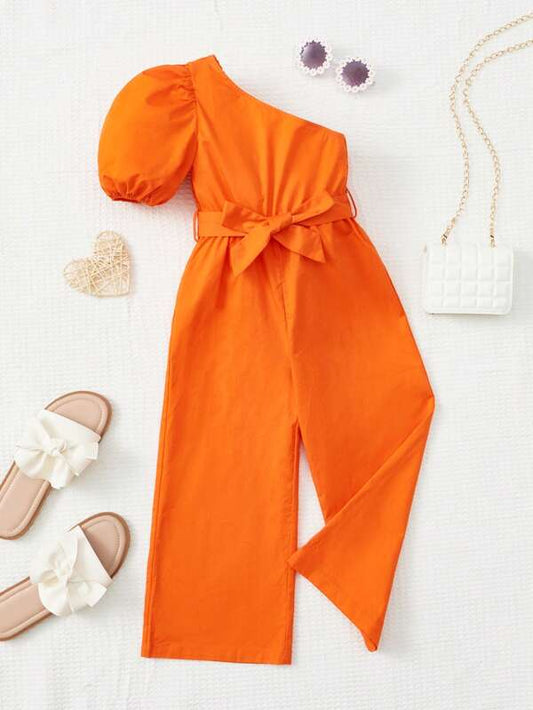 SHEIN Toddler Girls Neon Orange One Shoulder Puff Sleeve Belted Jumpsuit