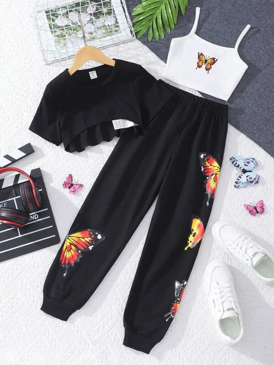 Girls Butterfly Print Cami Top & High Low Tee & Sweatpants