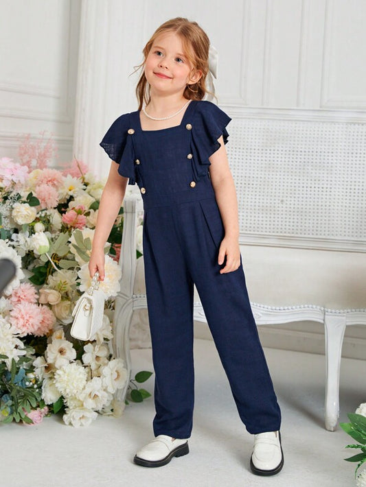 SHEIN Toddler Girls Butterfly Sleeve Button Detail Square Neck Ruffle Trim Jumpsuit