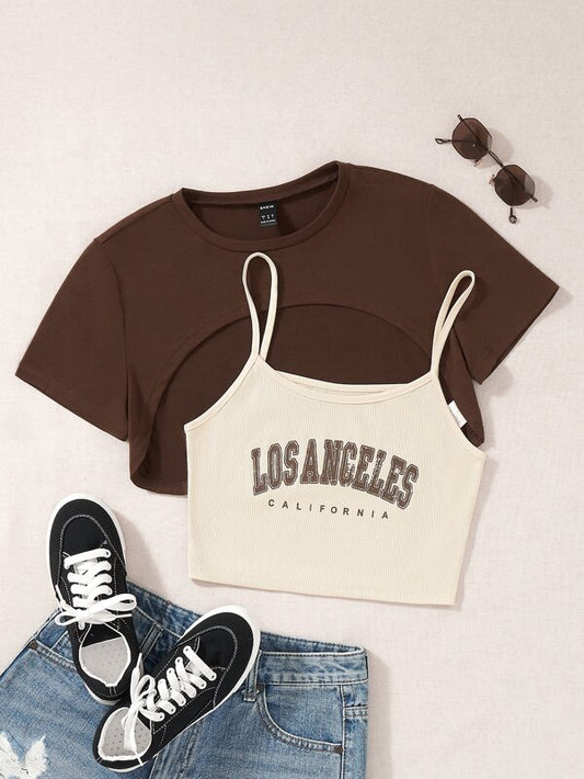 SHEIN EZwear Letter Graphic Cami Top & High Low Tee