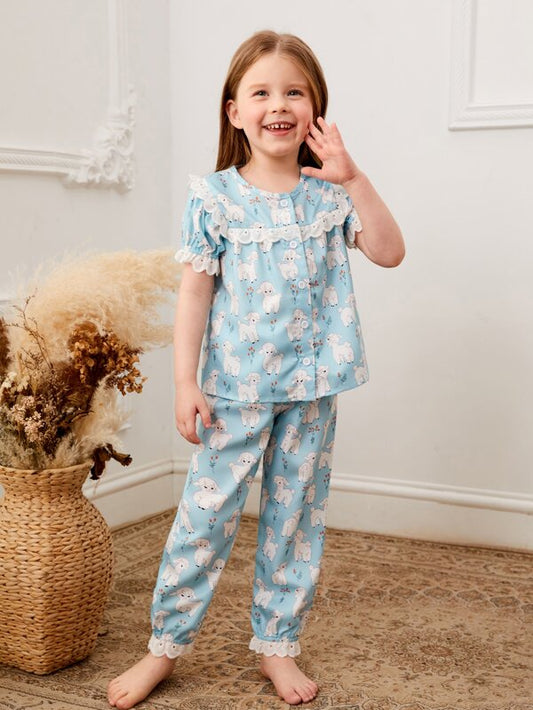 SHEIN Kids EVRYDAY Toddler Girls Floral Print Contrast Eyelet Embroidery Trim PJ Set