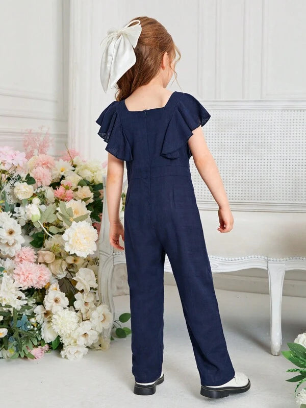 SHEIN Toddler Girls Butterfly Sleeve Button Detail Square Neck Ruffle Trim Jumpsuit