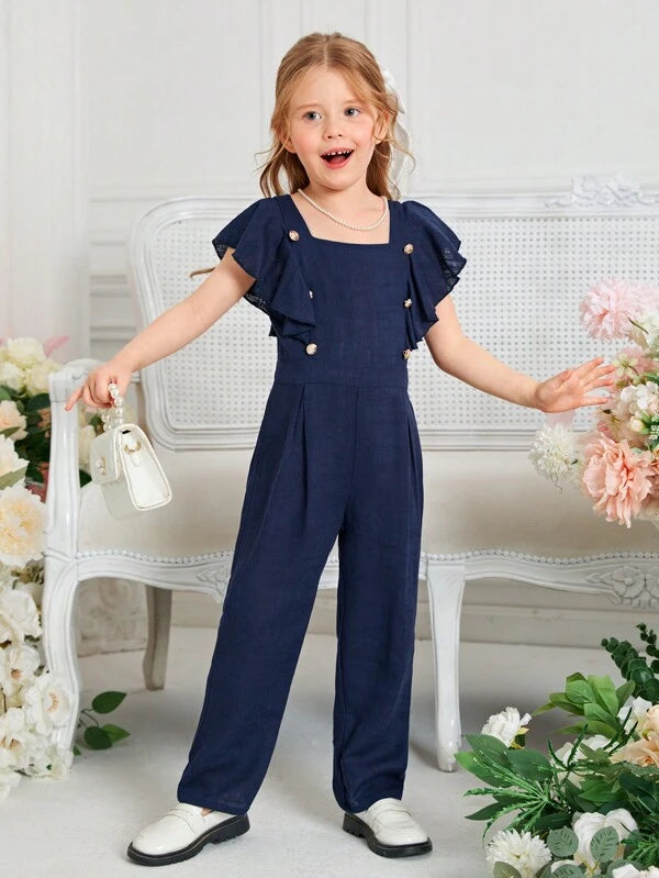 SHEIN Toddler Girls Butterfly Sleeve Button Detail Square Neck Ruffle Trim Jumpsuit