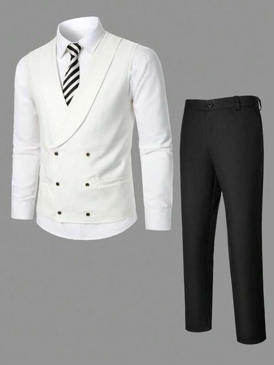 Men 1pc Shawl Collar Double Breasted Waistcoat & 1pc Suit Pants