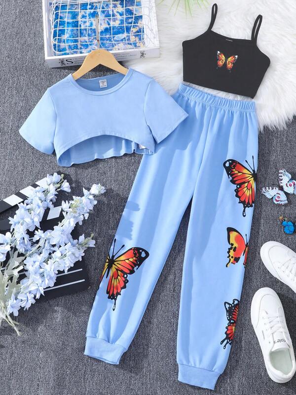 Girls Butterfly Print Cami Top & High Low Tee & Sweatpants